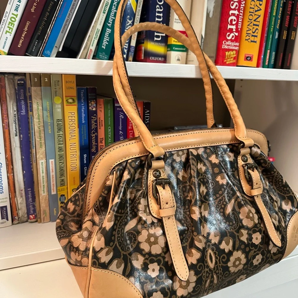 Patricia Nash Floral Pattern Satchel Handbag in Brown and Tan